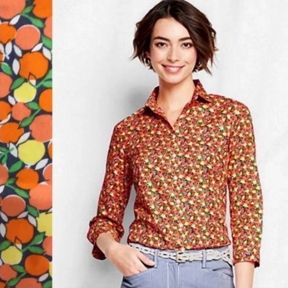 Lands' End Orange Floral Button Down Shirt lemons oranges fruit size 12 large